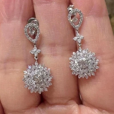 Dangle Drop Earrings 2CT Round Cut Diamond Lab-Created 14K White Gold Plated - Image 1 of 4