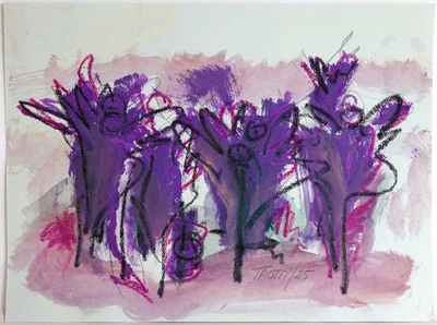 RICARDO TROTTI 1958 年小型混合媒体绘画纸上签名抽象花 — 第 1/3 张图片