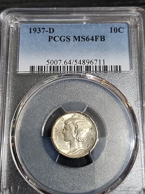 1937-D Mercury Dime Silver PCGS Grade MS64 FB Coin Free Shipping  - Image 1 of 2
