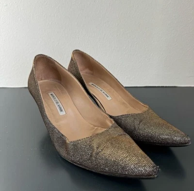 Manolo Blahnik Lurex Brillo Dorado Metálico Punta Gatito Tacón Talla 40 9.5 Fiesta Foto 1 de 4