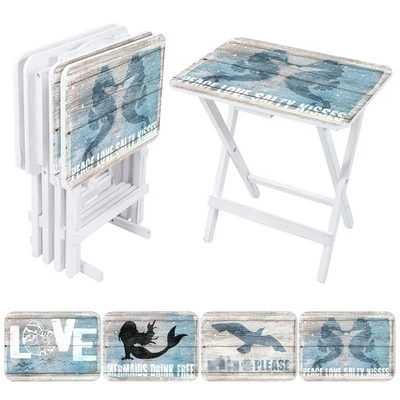 Coastal Beach TV Trays Set of 4 with Stand Cape Craftsmen Mermaid Shore Birds...