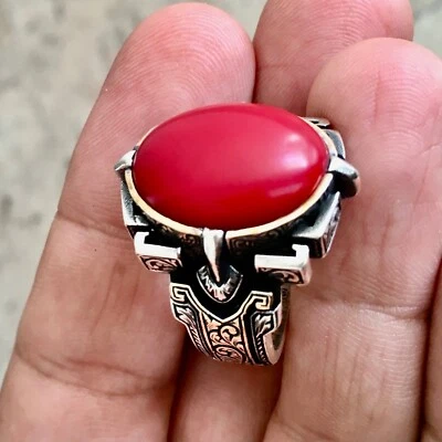 Anillo de plata para hombre coral rojo natural turco artesanal hecho a mano joyería grabada Foto 1 de 4