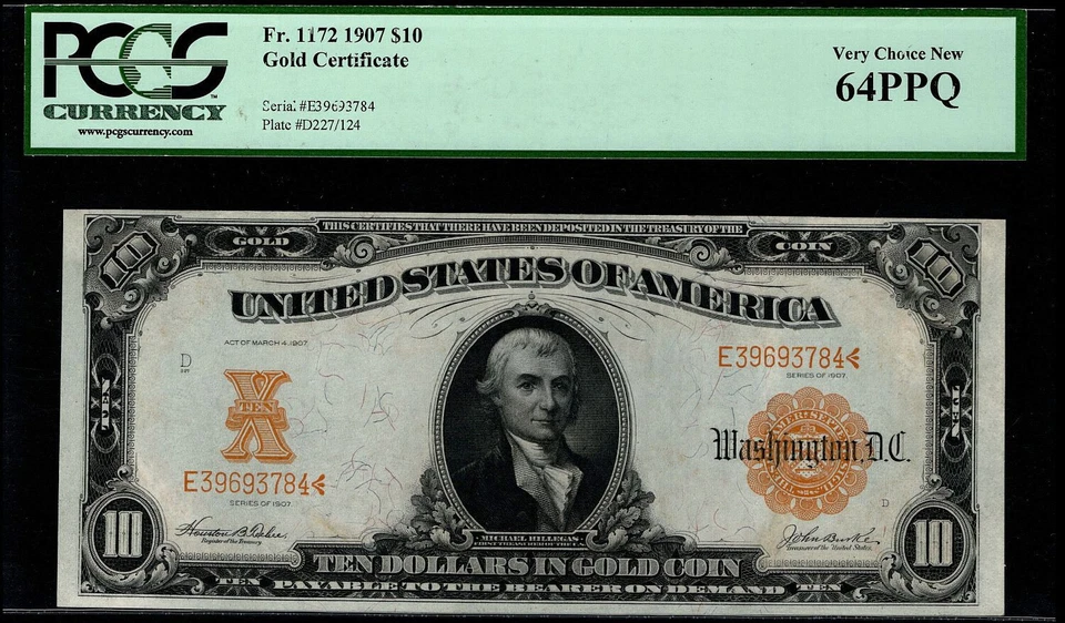 1907 $10 Gold Certificate Fr.1172 PCGS 64PPQ E39693784 GOLD SEAL Hillegas (AIHG) - Image 1 of 3