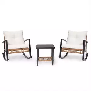 Wicker Rocking Chairs Patio Outdoor Set New 2-Tier Coffee Table 2 Beige Cushions - Picture 1 of 6