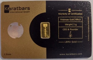 1 Gram Gold Bar "Karatbars International" .9999 Gold Bullion Bar in Assay Card - Picture 1 of 2
