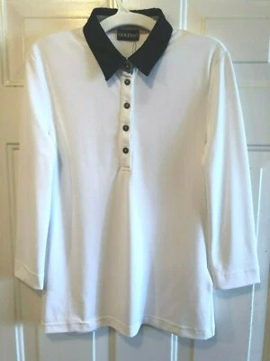 NWT $139 GOLFINO Sz 6 or S Women's Polo Shirt 5 Buttons 3/4 Sleeve White Black - Image 1 of 4