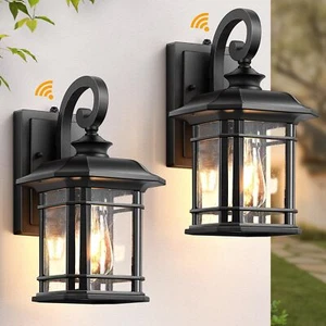 Exterior Wall Light Fixtures Black Outdoor Lamp 2PC Porch Lantern Tempered Glass - Picture 1 of 8