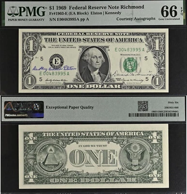 1969 $1 FRN - PMG 66EPQ - Dual Autographs Elston & Kennedy - Rare Collectors Gem - Image 1 of 3