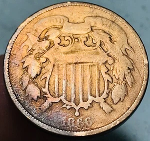 1866 Two Cent Piece 2C Ungraded Civil War Era US Copper Coin CC25475 - Picture 1 of 4