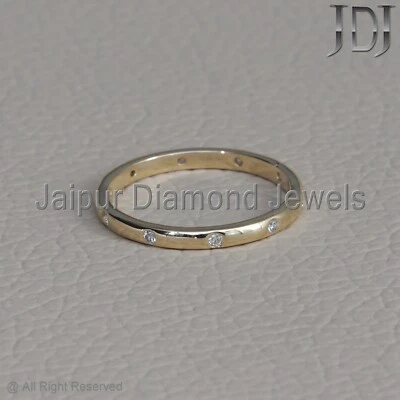 Natural Pave Diamond Solid 14k Yellow Gold Band Minimalist Eternity Ring Jewelry - Image 1 of 4