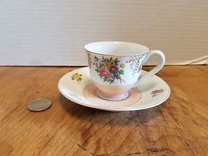 Pink Demitasse Tea Cup & Saucer Hand painted Flowers OCCUPIED JAPAN Imperfect - Picture 1 of 7