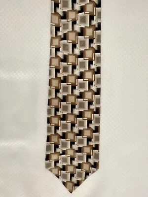 Pierre Cardin White Brown Taupe Black Geometric Silk Necktie - Image 1 of 3