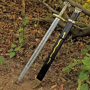 Wikinger Nordmänner verziert Mittelalter 5 Lappen Schwert handgeschmiedet Damast Stahl Scheide - Bild 1 von 6