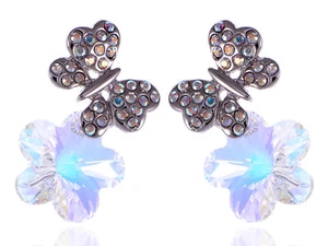 Crystal Element Silver Tone Aurora Borealis Colored Butterfly Flower Stud Earrin - Picture 1 of 4