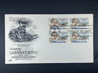 US FDC 1980 Glenn Curtiss 35c Airmail Block of 4 Artcraft Cover Aviation a659 - Image 1 of 2
