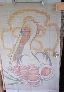 VINTAGE PRINTED PELICAN PATTERN LATCH HOOK RUG CANVAS 30.5" x 44" W/COLOR CHART - Picture 1 of 6