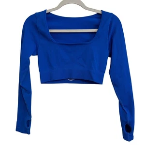 Blaues geripptes Cropped Langarm Top Daumenloch Gym Activewear Gr. L - Bild 1 von 4