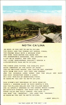 No'Th Ca'Lina In the Land of the Sky North Carolina Postcard 91 Bert Braley Poem - Image 1 of 2