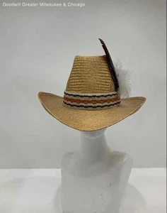 Sears Mens Tan Solid Feather Detail Western Straw Cowboy Hat Medium Rockabilly - Picture 1 of 5