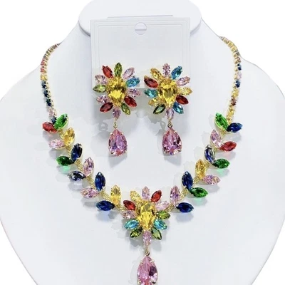 Conjunto de Pendientes Collar Lágrima Flor Estrás Circonita Cúbica Multicolor Foto 1 de 3