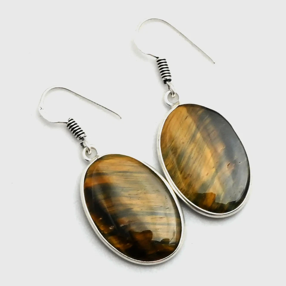 Pendientes colgantes hechos a mano con piedras preciosas ojo de tigre joyas para mujer 1,8" AE-11963 Foto 1 de 1