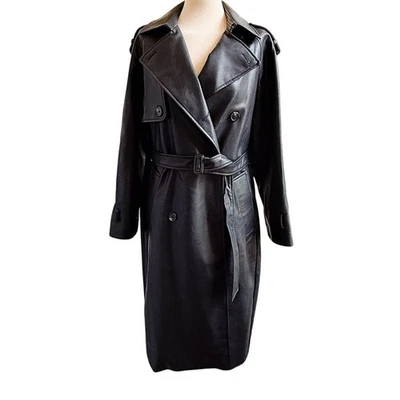 Gabardina H&M de cuero sintético para mujer XS negra con cinturón largo pecho Dbl minimalista Foto 1 de 4