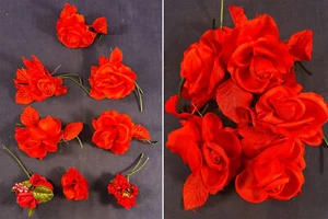 Vintage 1950s Red Rose Fabric Flowers Corsage Dress Hat Pin Trim 8 Piece Lot - Bild 1 von 3