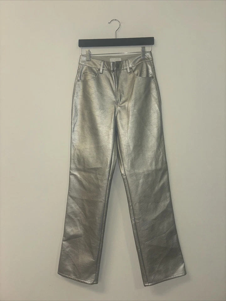 Pantalones metálicos de imitación de cuero para mujer plateados talla 4 H&M concierto evento Cybercore Rock Foto 1 de 3