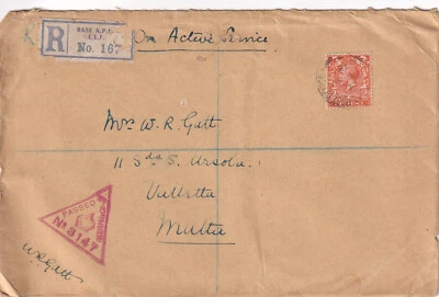 UK 1918 WWI registered cover Base APO EEF PO Z/W R Gatt to Valletta Malta - Image 1 of 2