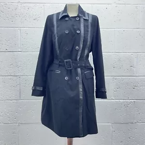 PER UNA BLACK TRENCH COAT BUTTON UP BELTED SHOULDER PAD VINTAGE UK 14 - Picture 1 of 6