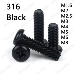 Black 316 Stainless Steel Phillips Pan Head Screws Bolts M1.6 M2 M3 M4 M5 M6 M8 - Picture 1 of 6