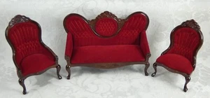 Vtg. dollhouse miniature Victorian mahogany setee couch & two chairs red velvet - Picture 1 of 14