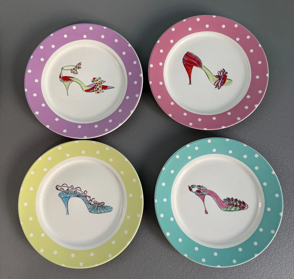 Lot 4 Rosanna High Heel Stiletto Shoe Salad Plates Colorful Pastel Polka Dot 8" - Image 1 of 4