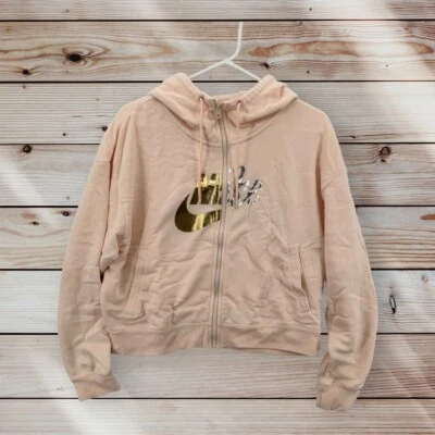 Nike Hoodie Jacket Womens Medium Silver Gold Swoosh Full Zip Up Cropped - Image 1 of 4