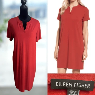 EILEEN FISHER Viscose Jersey Split Neck Dress Mandarin Size M - Image 1 of 4