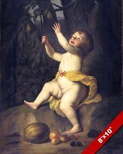 BABY CHILD REACHING FOR FRUIT PEARS FROM TREE PAINTING ART REAL CANVAS PRINT