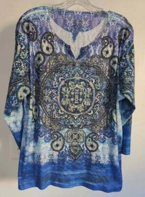 Jane Ashley Women's Sz 2X Blue Paisley Long Sleeve Pullover Top Studded Mandala - Image 1 of 3
