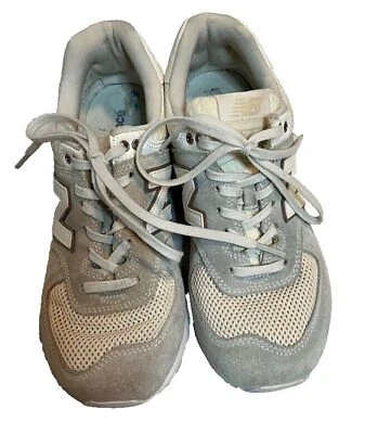 Zapatillas para mujer New Balance 574 gris claro con cuero blanco y dorado talla 7,5 Foto 1 de 4