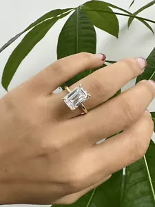 SOLITAIRE 5.25Ct VS1/G Emerald Cut Lab Grown Diamond Engagement Ring Yellow Gold - Picture 1 of 5