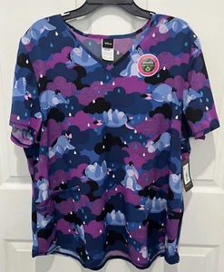 DISNEY Eeyore Women's Blue V Neck Stretch Pockets Scrub Top NEW - Picture 1 of 5