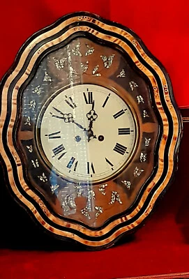 Ancienne pendule œil de bœuf avec incrustation nacre Antiquité - Photo 1/4