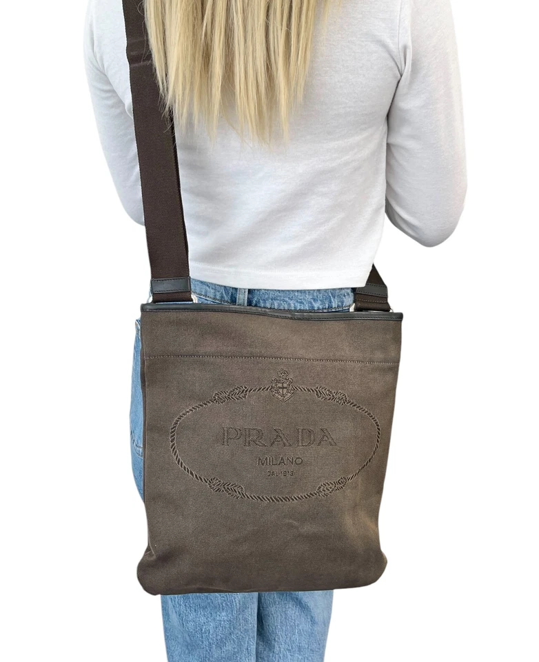 Bolso Bandolera PRADA Vintage Logo Marrón Plata Algodón Cuero Foto 1 de 4