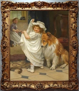 Handmade Old Master-Art Antique Oil Painting Female dog girl on canvas 24"x30" - Picture 1 of 2