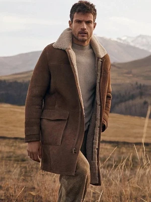 Men’s Shearling Suede Leather Coat - B3 Aviator Bomber Jacket, Winter Warm Heavy - Image 1 of 4