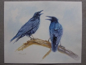 RAVEN CROW Birds Original Watercolor Acrylic Painting Art By Artist - Picture 1 of 2
