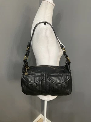 Vintage FOSSIL Black Leather Shoulder Bag Handbag Front Pockets Biker Grunge - Image 1 of 4