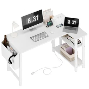 White L Shaped Computer Desk with Power Outlet Shelves 40 Inch Small Reversib... - Picture 1 of 9