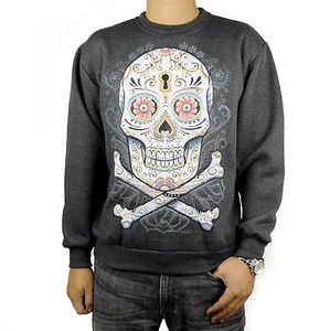 Floral Skulls Crew Neck Sweat Shirt Charcoal Day Of The Dead Dia De Muertos BABA - Picture 1 of 3