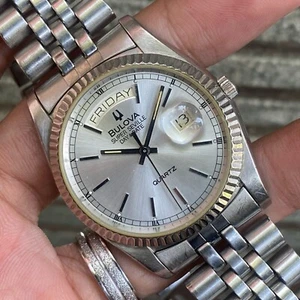Rare Bulova President Super Seville Day Date Silver Quartz Vintage Swiss Watch - Picture 1 of 8