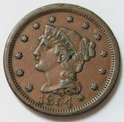 1854 COPPER LARGE CENT BRAIDED HAIR COIN EXTRA FINE - Image 1 of 2